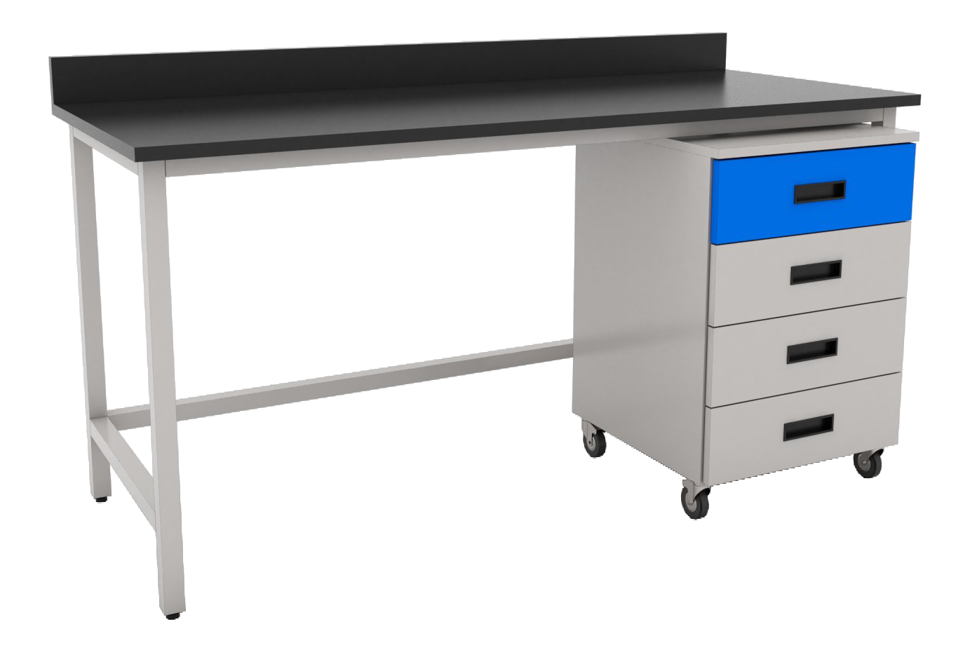 Mesa de laboratorio modular con cubierta de resina fenólica resistente a químicos y un gabinete móvil con cajones.